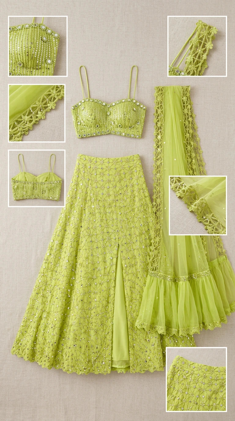 Lime green 3-piece lehenga set flat lay and fabric detail close-ups