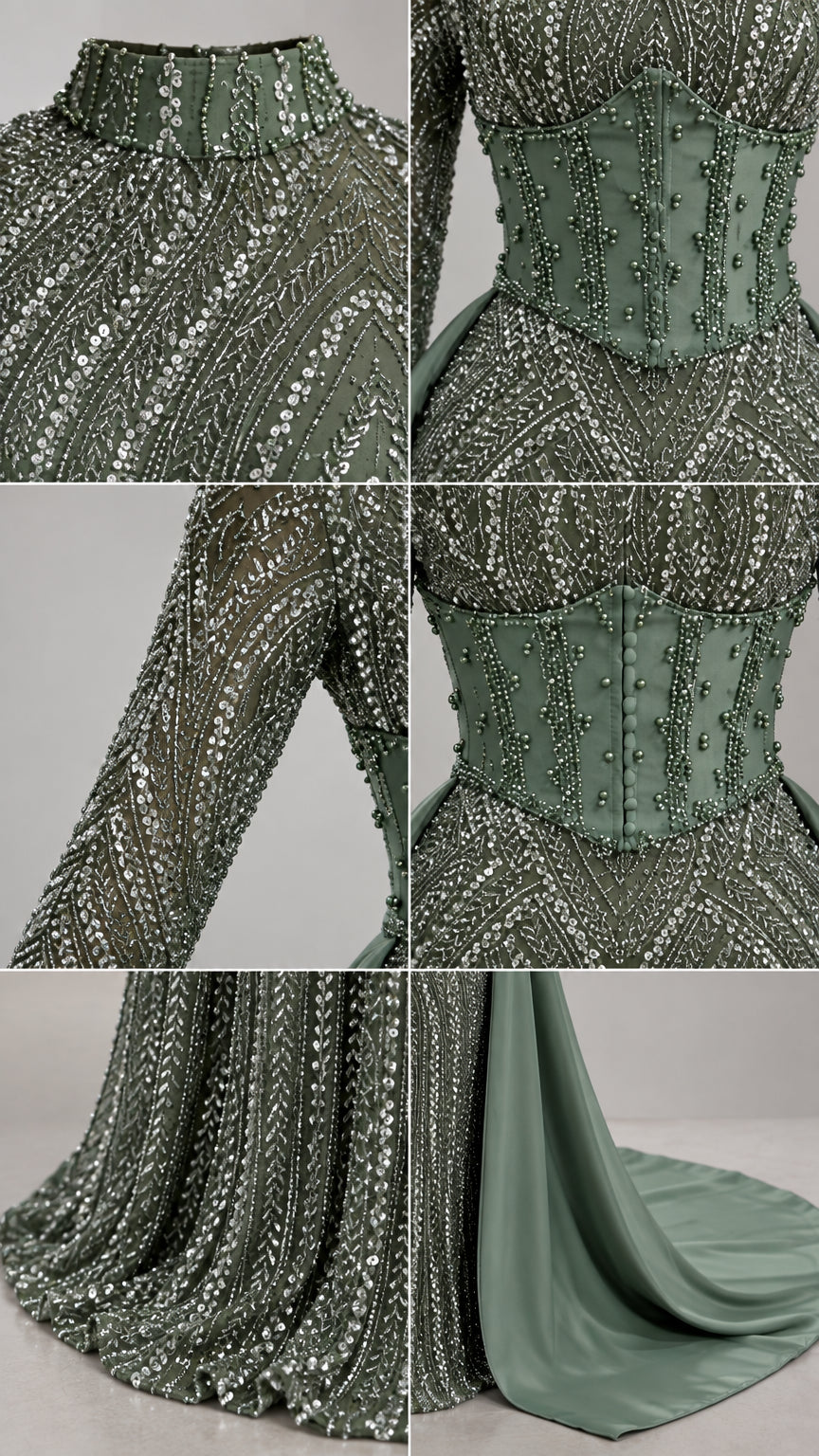 Close-up details of beadwork, high collar, corset waistline, and sleeve embellishments