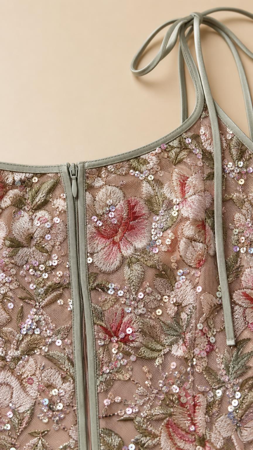 Close-up detail of embroidery, sequins, and adjustable straps