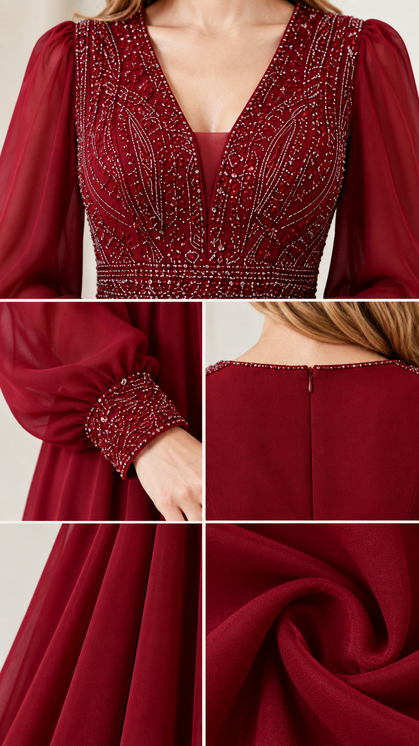 Close-up details of beaded V-neckline, embellished cuff, zipper, and flowing chiffon fabric