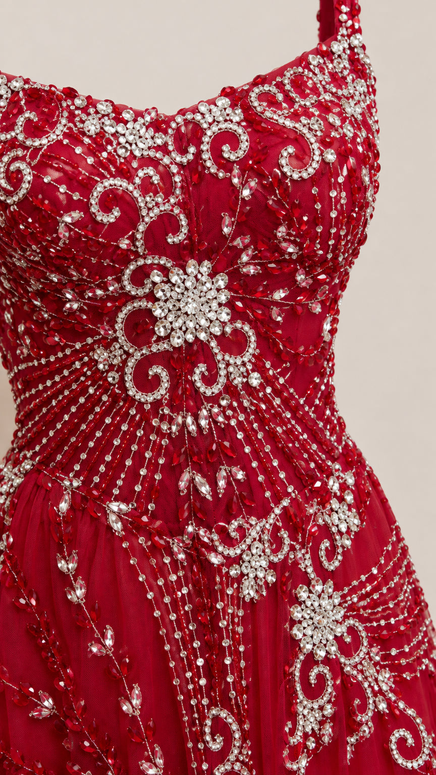 Close-up detail of intricate crystal beadwork and rhinestone embroidery on Ruby Red gown