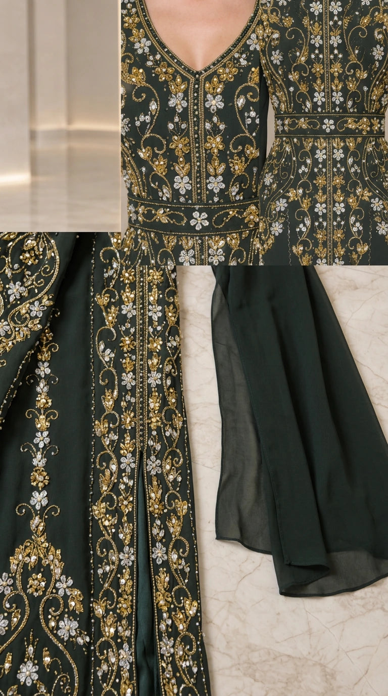 Close-up detail of metallic floral embroidery on dark green cape gown