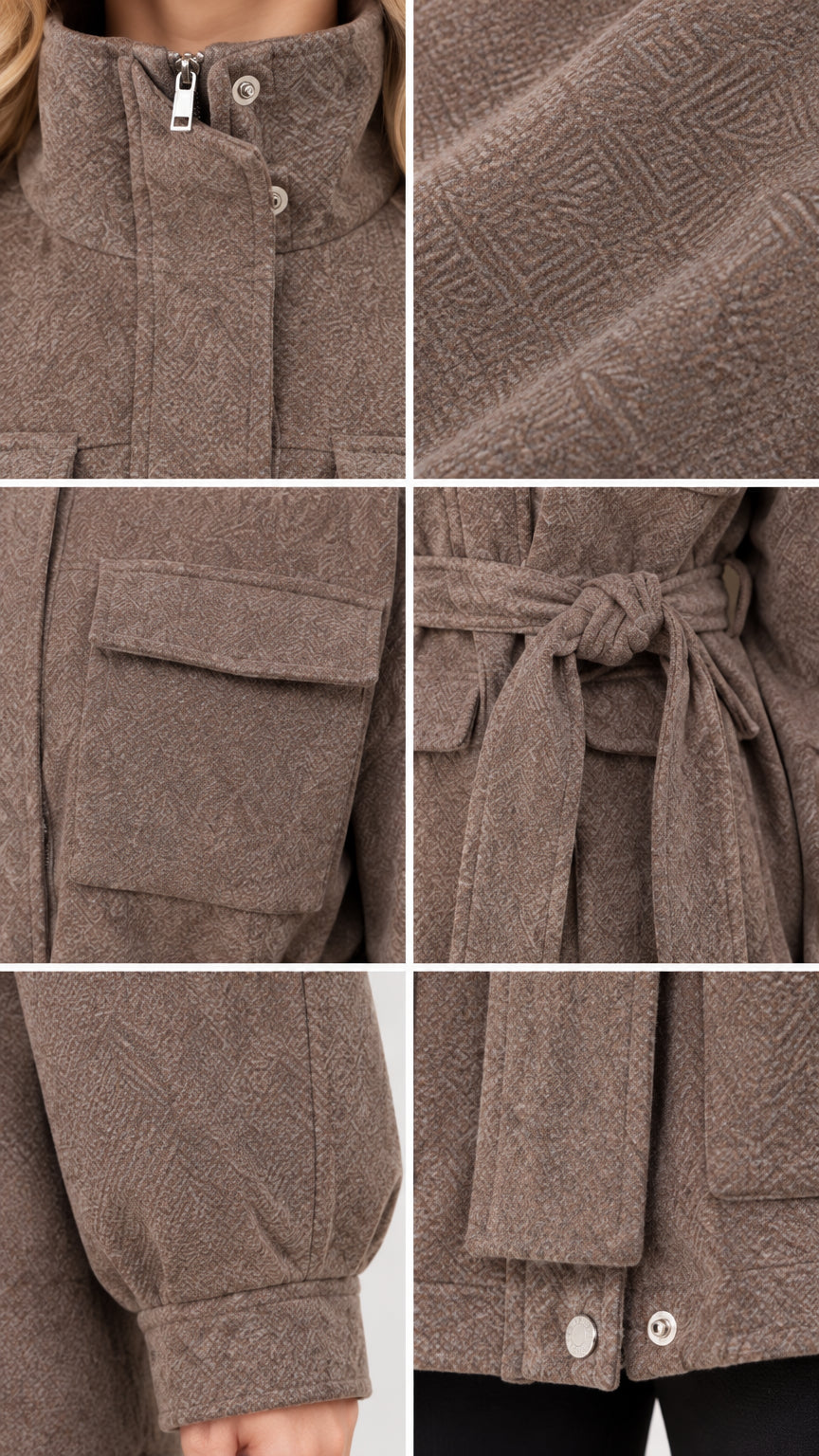 Close-up details of taupe brown jacket showing stand collar zipper, textured fabric weave, flap pocket, belt tie, and cuff