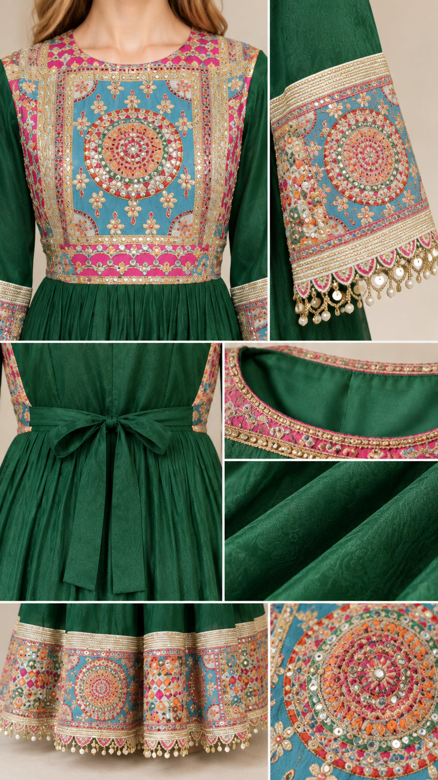 Close-up details of ornate bodice embroidery print and tassel cuff trim