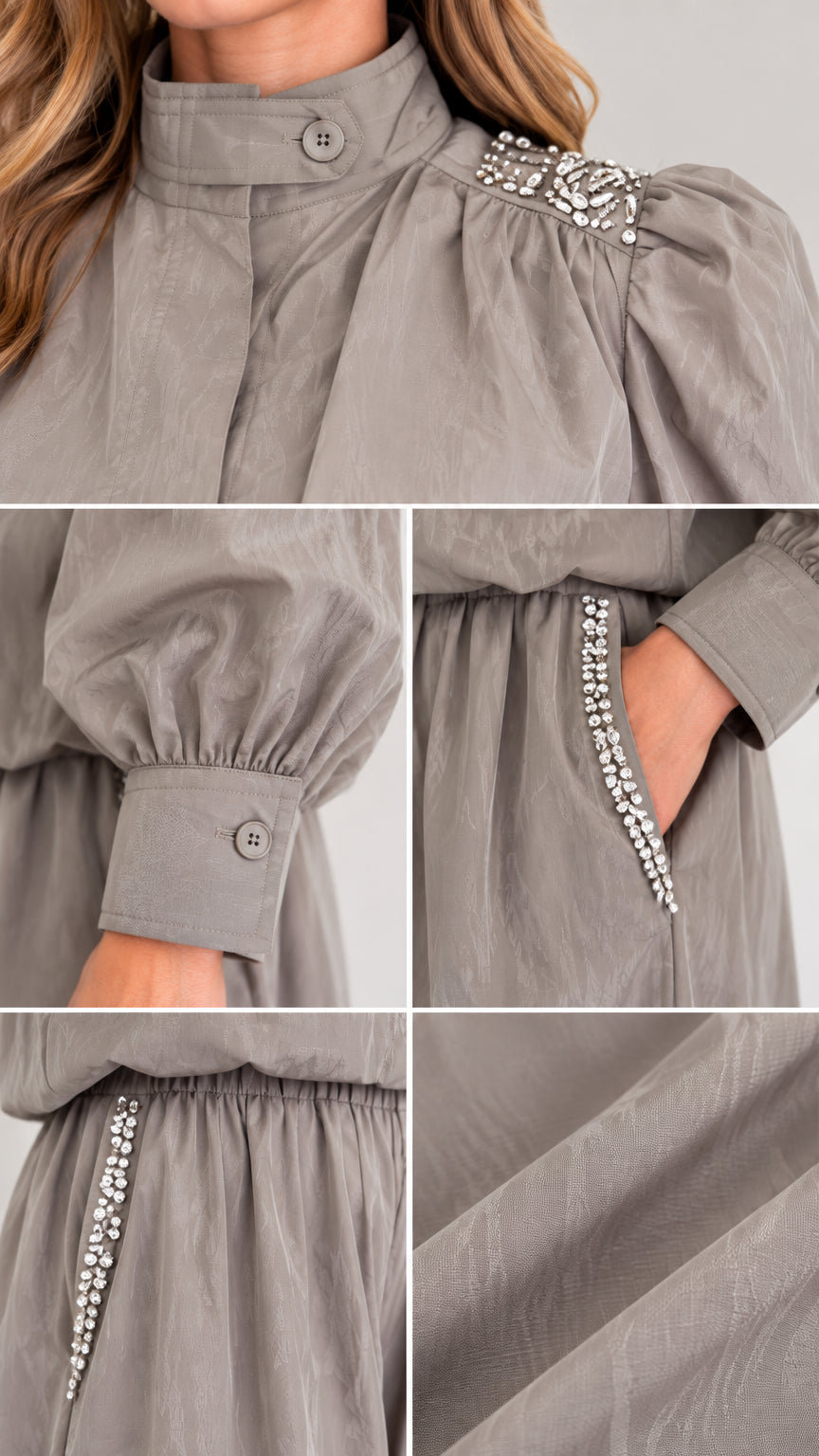 Close-up details of collar button, rhinestone shoulder trim, and pocket embellishments