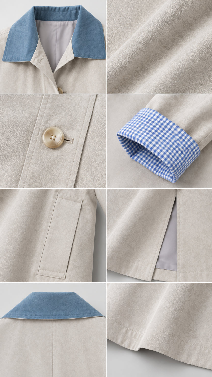 Close-up detail collage showing contrast blue collar, buttons, gingham cuff lining, and welt pocket