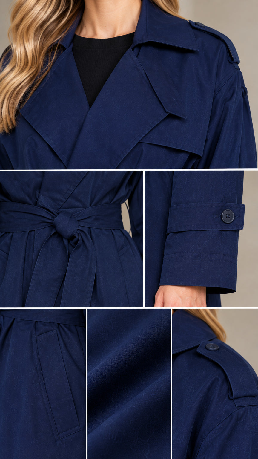 Close-up details of Navy Blue trench coat showing lapels, belt, cuff tabs, and fabric weave