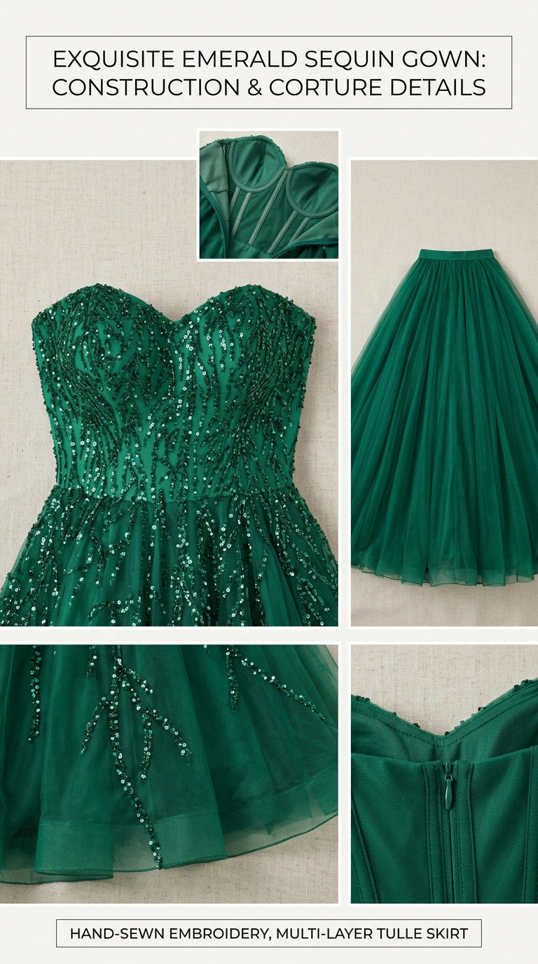 Construction and couture details of emerald green sequin tulle dress