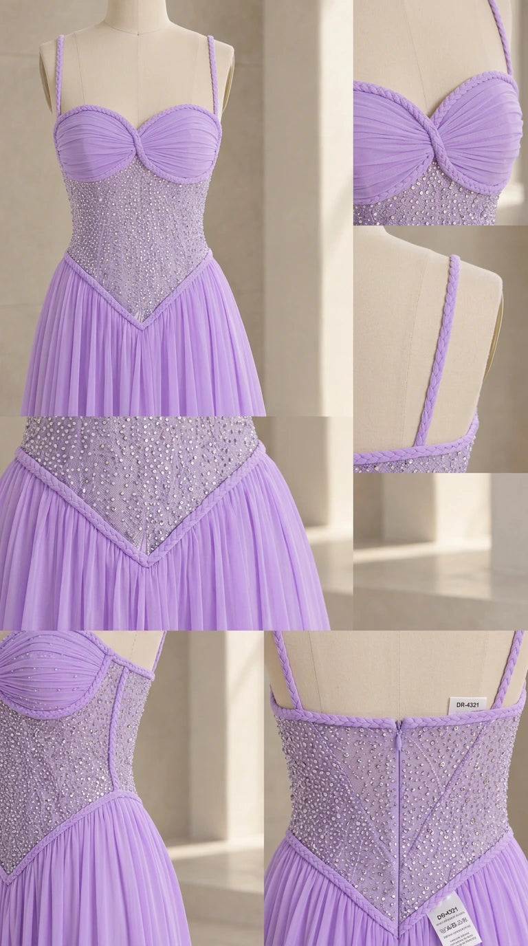 Detailed close-up views of bodice beading, ruched sweetheart cups, and back zipper