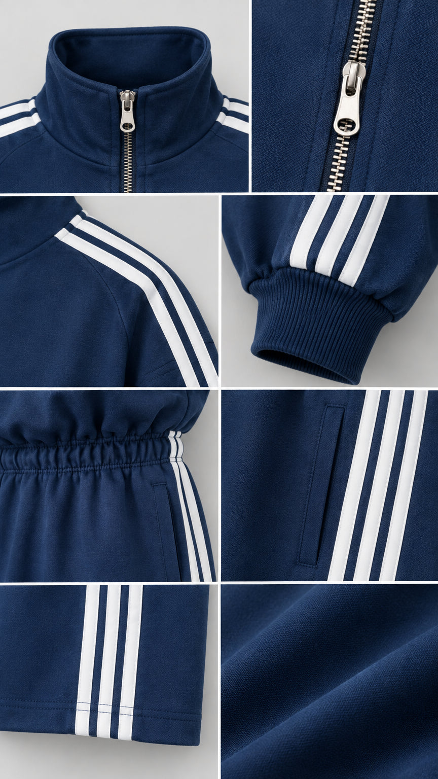 Close-up details of navy blue track dress showing zipper, stand collar, stripe cuffs, and fabric texture