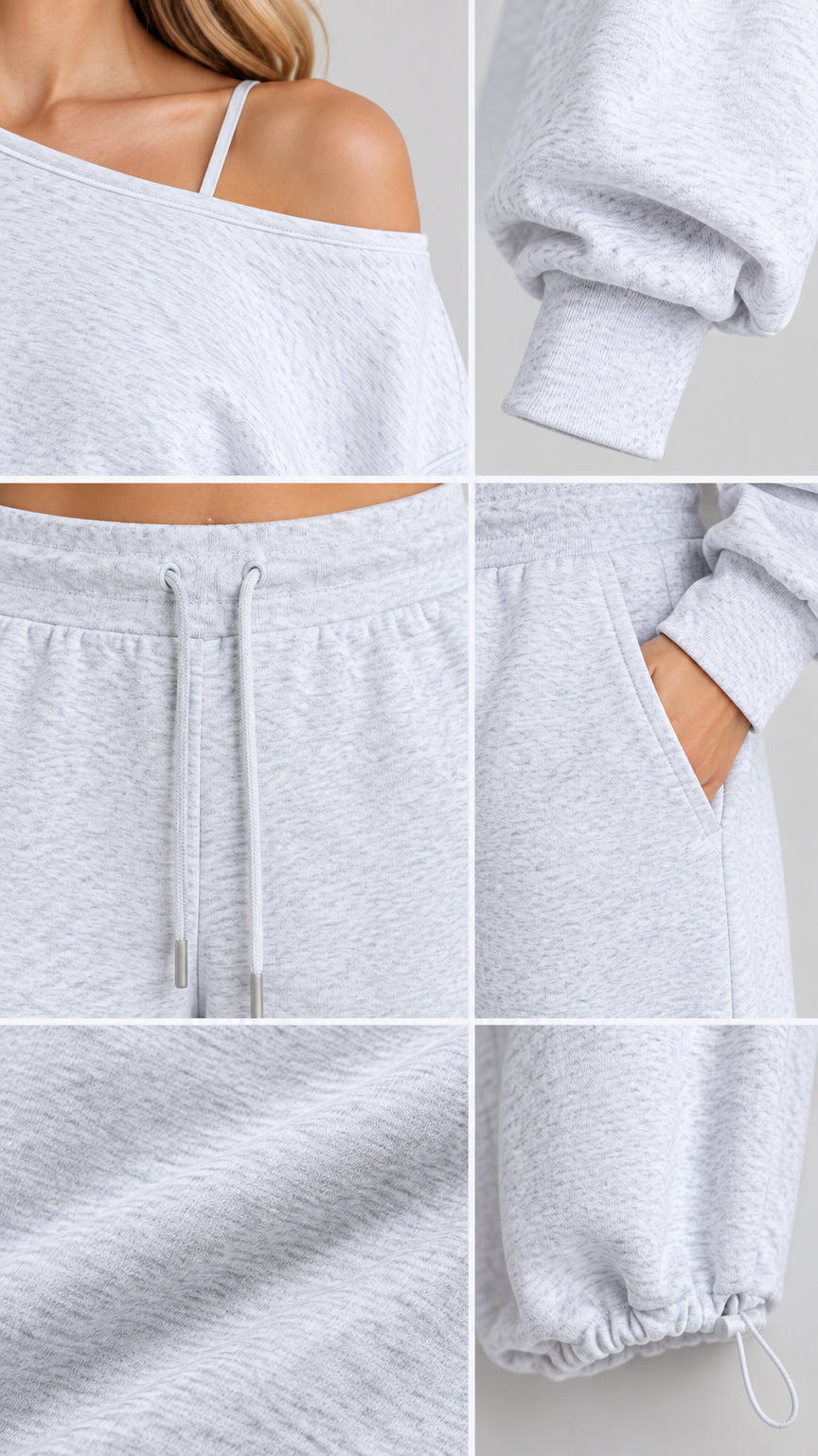 Close-up details of neckline, sleeve cuff, drawstring waist, pocket, fabric texture, and ankle cinch cord