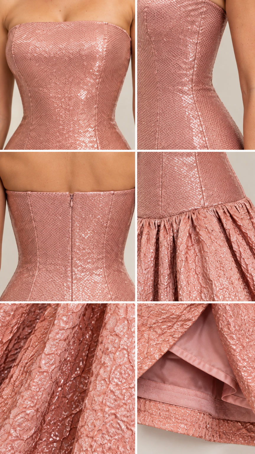 Detailed close-ups of metallic textured fabric, bodice seams, pleated waist, and lining