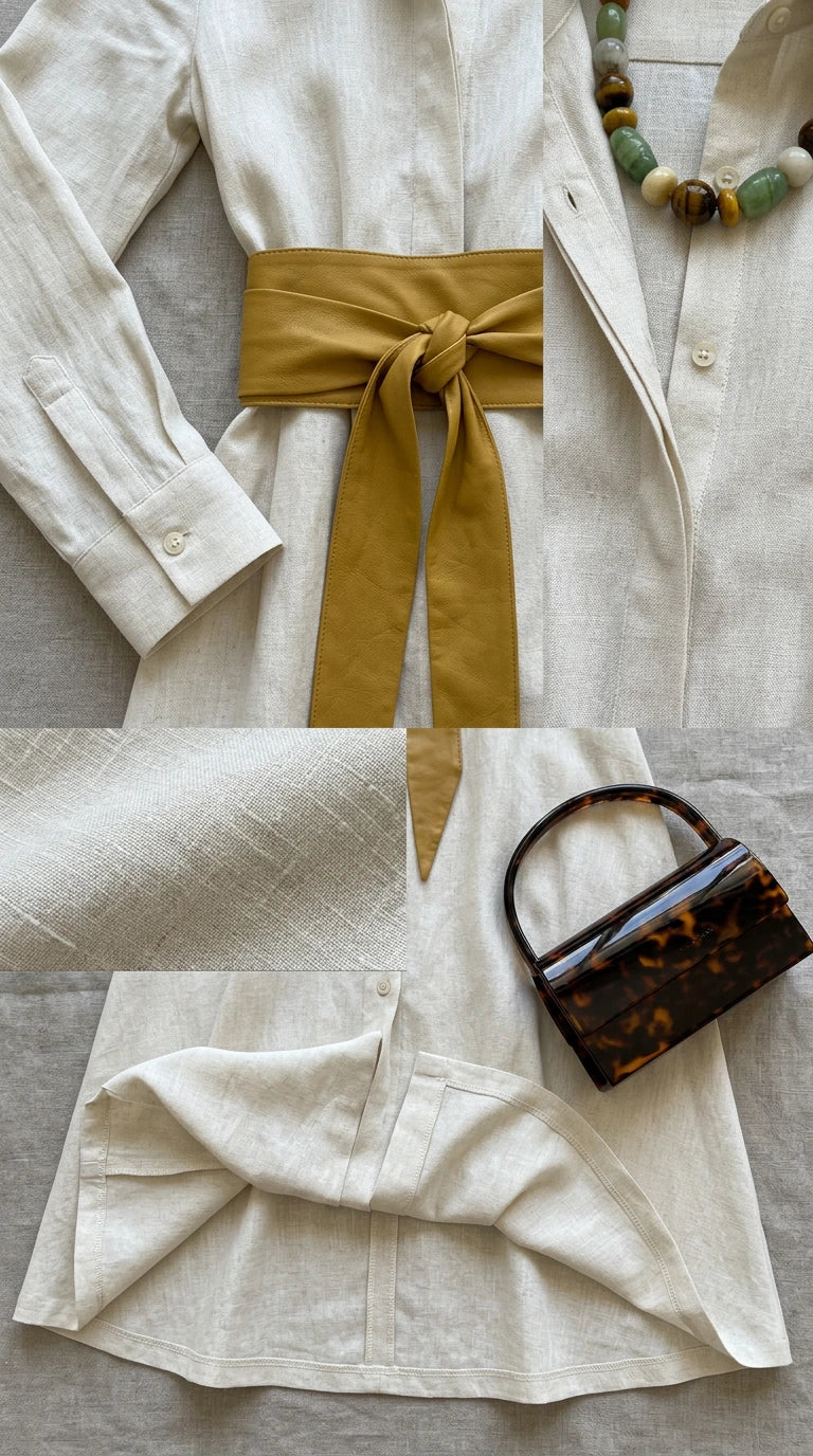 Close-up details of cream fabric texture, button placket, cuffs, and yellow sash belt