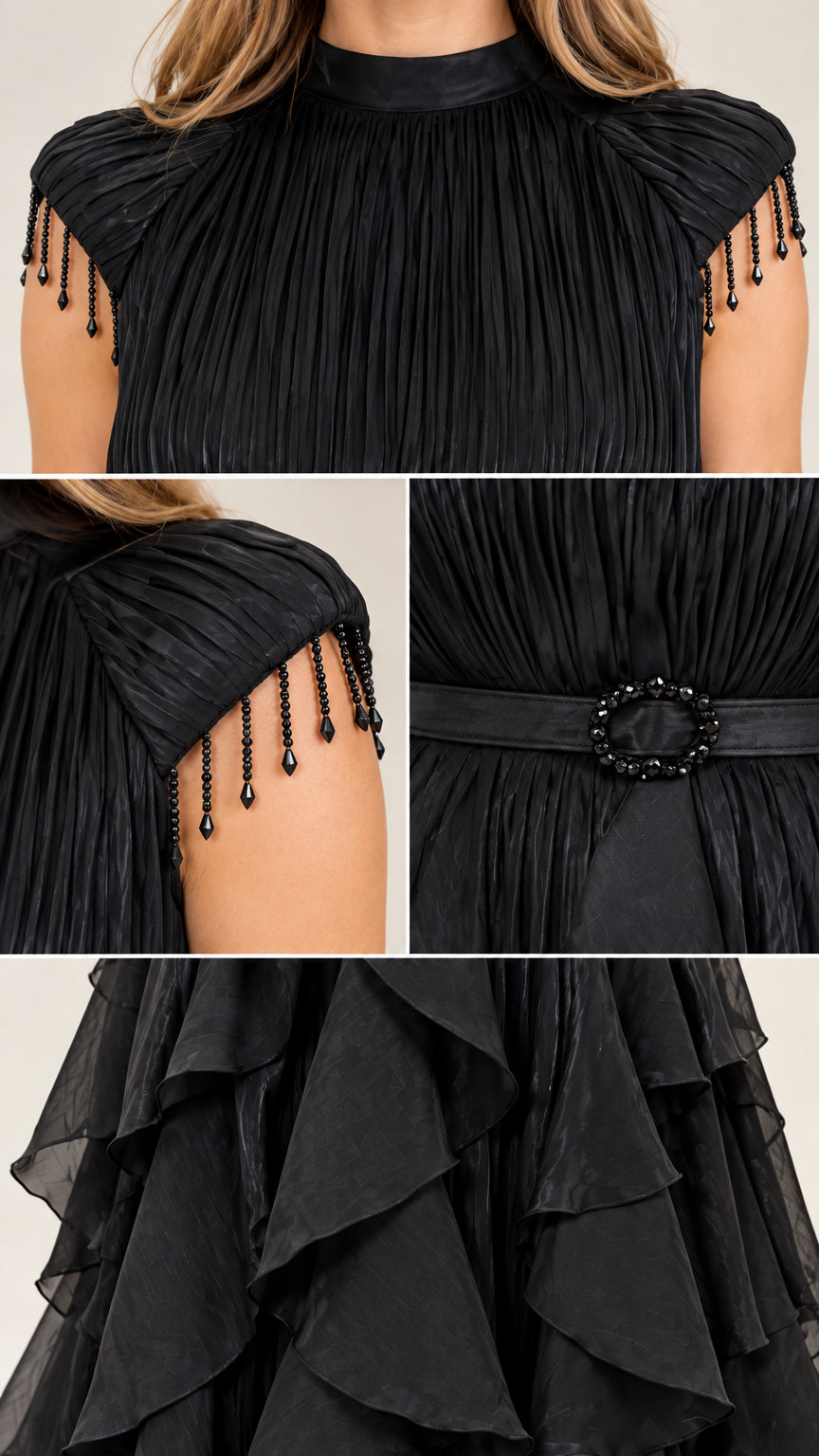 Close-up detail of beaded cap sleeves and pleated bodice on black evening gown