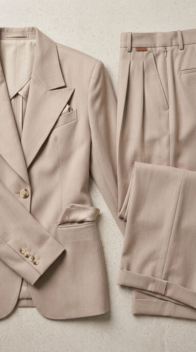 Flat lay close-up of taupe suit jacket lapel, buttons, and pleated trouser waistband