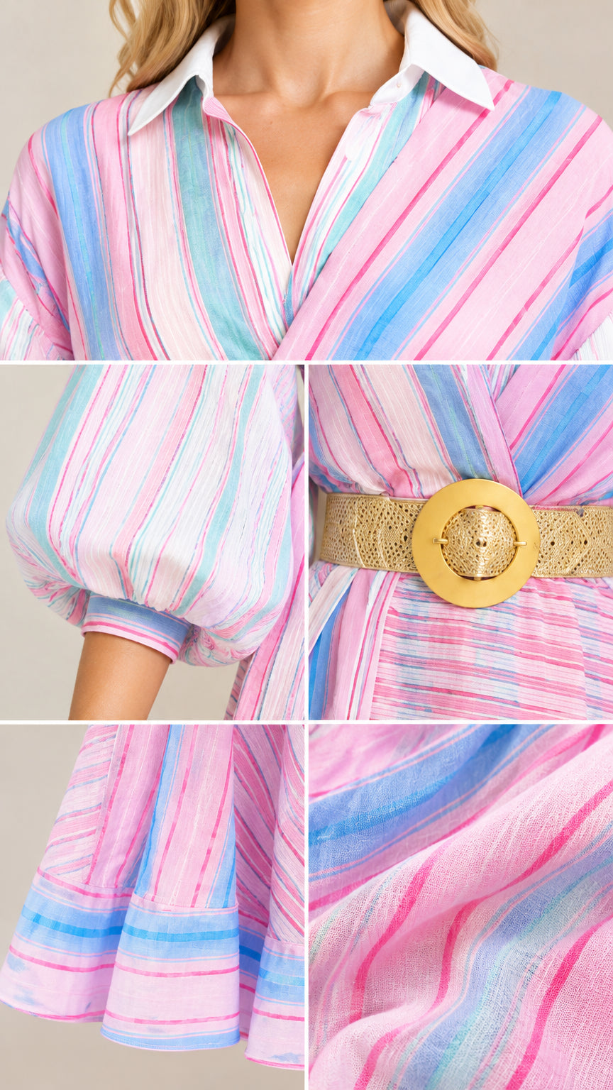 Close-up details of collar, lantern sleeve, belt buckle, and striped hem