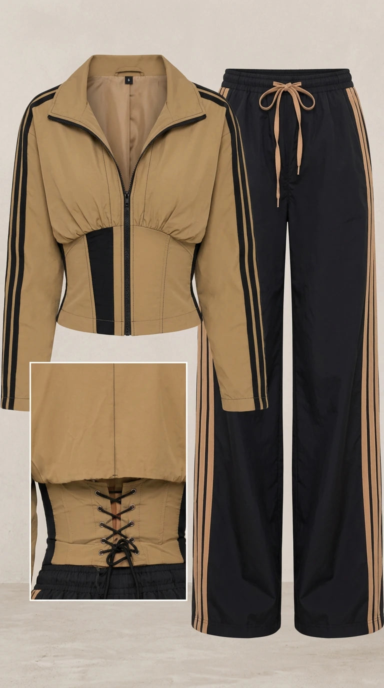 Product flat lay and detail view of camel jacket and black wide-leg striped pants