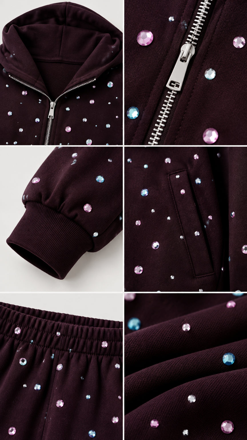 Close-up details of zipper, rhinestone gems, ribbed cuffs, and side pockets