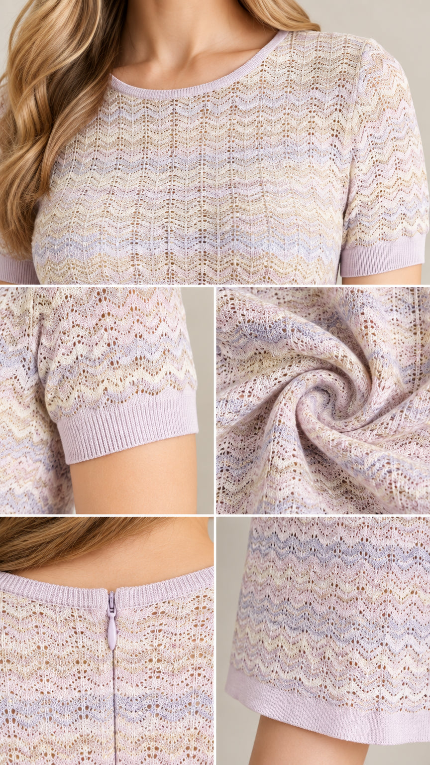Close-up detail collage showing neckline, cuff, fabric texture, zipper, and hem of knit dress