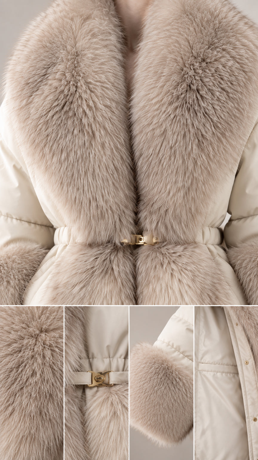 Close up details of plush faux fur collar, cuffs, and gold-tone waist buckle