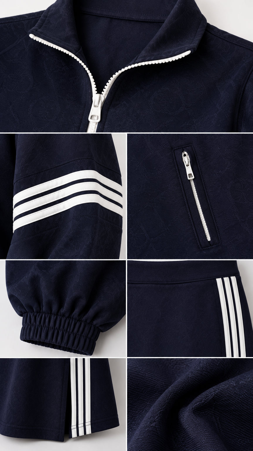 Detail view of zipper collar, sleeve stripes, and pocket construction