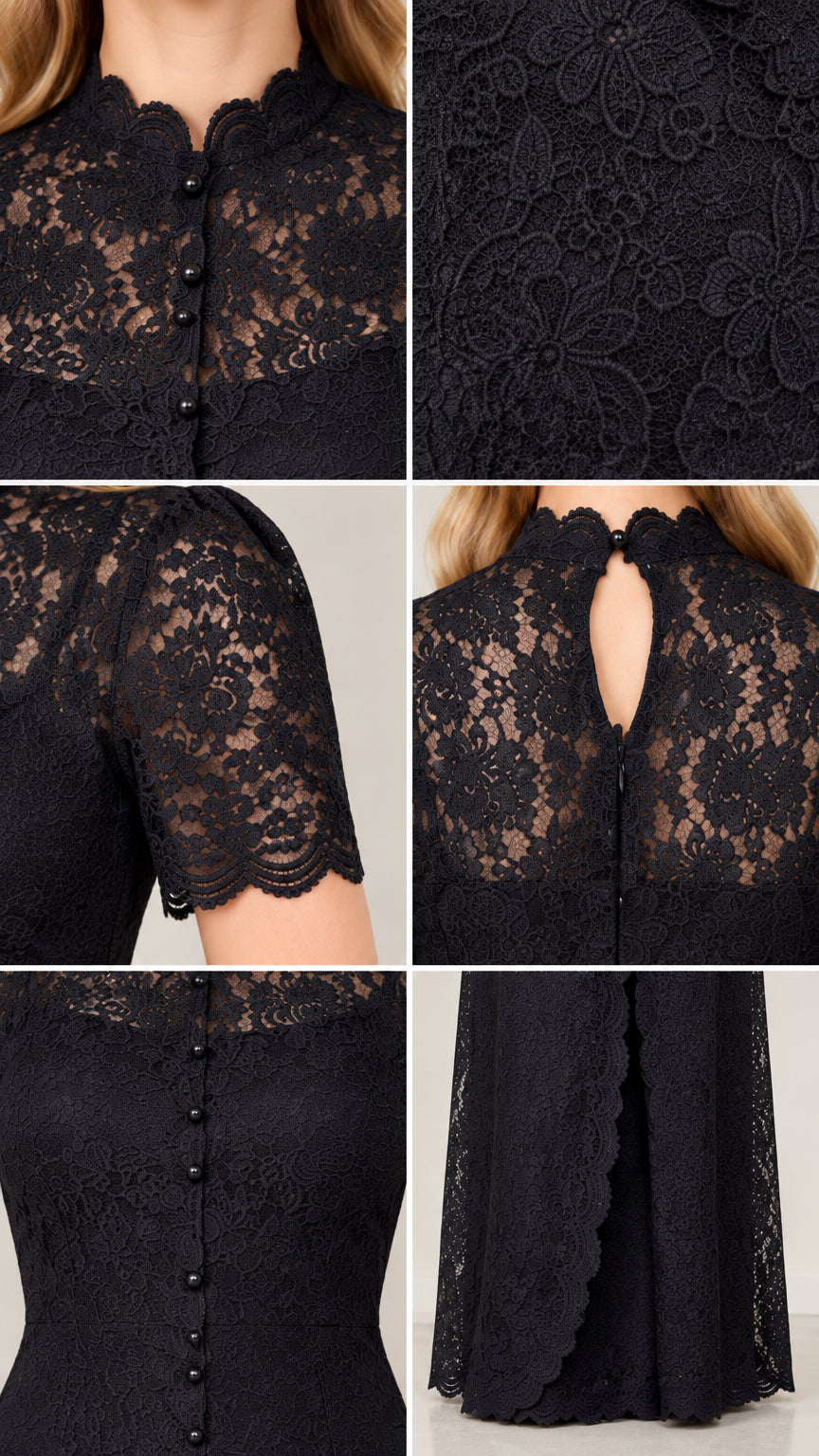 Close-up detail collage showing lace texture, mock neck, buttons, and scalloped hem