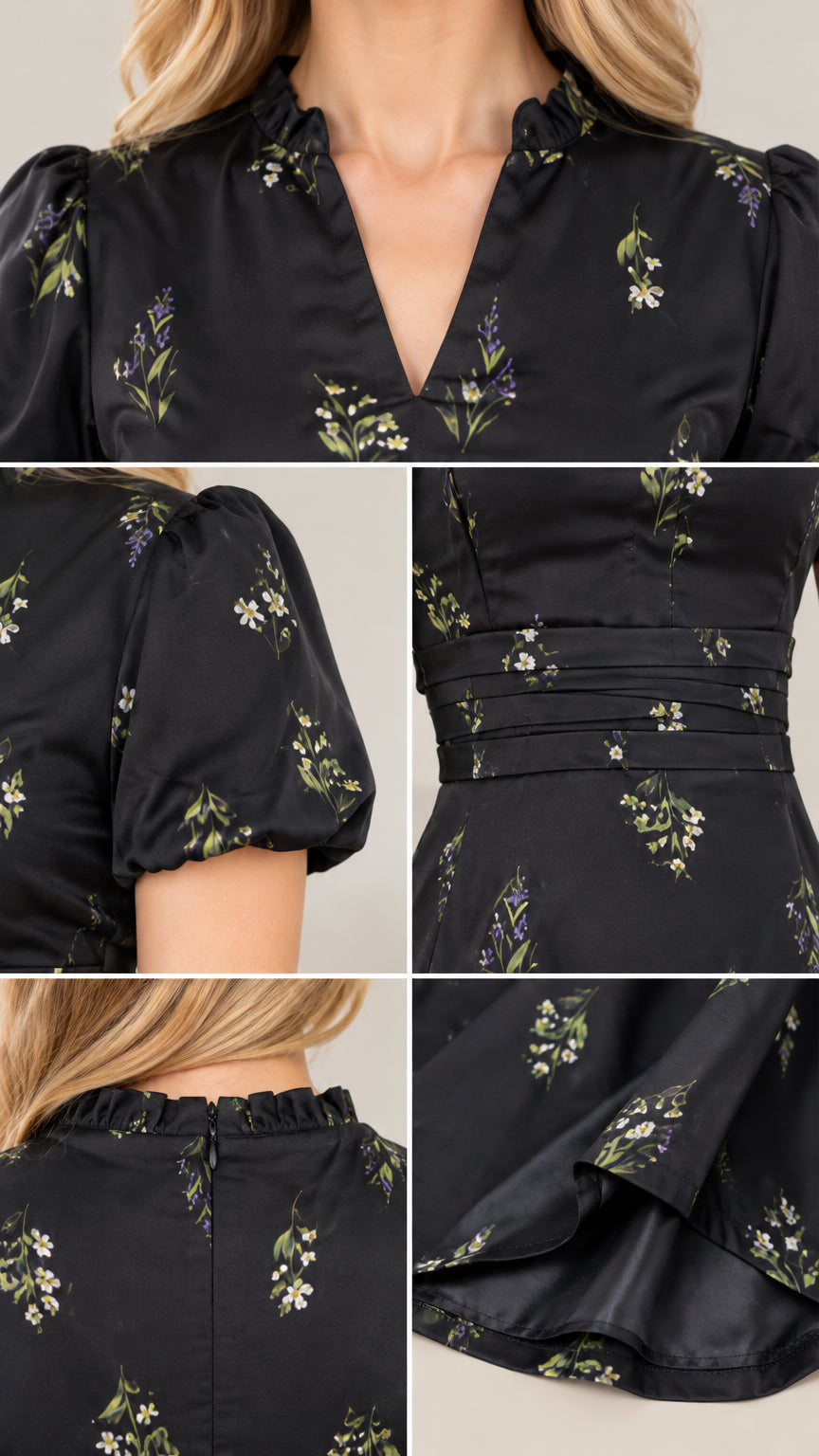Close-up details of ruffled neckline, puff sleeves, pleated waist, and interior lining