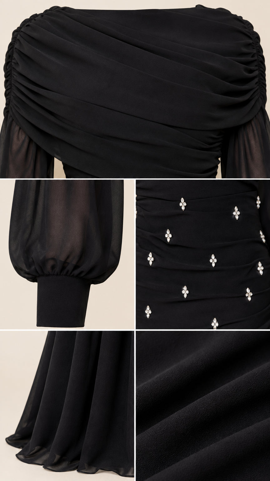 Close-up detail collage showing draped neckline, sheer cuff, bead embellishments, and hem fabric texture