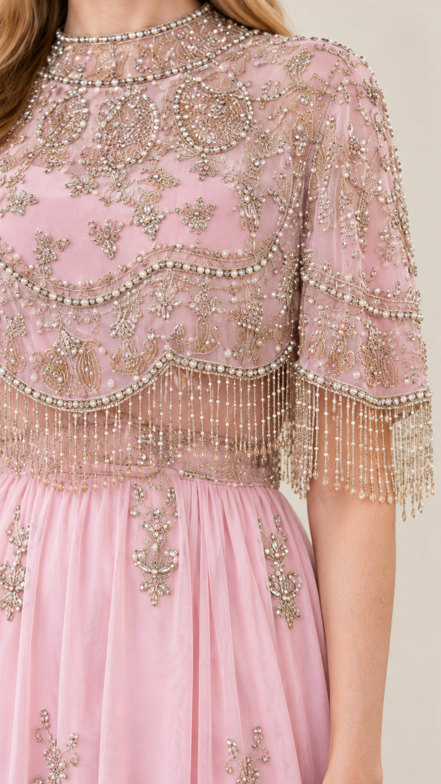 Close-up of Intricate Beadwork and Fringe on Capelet Overlay