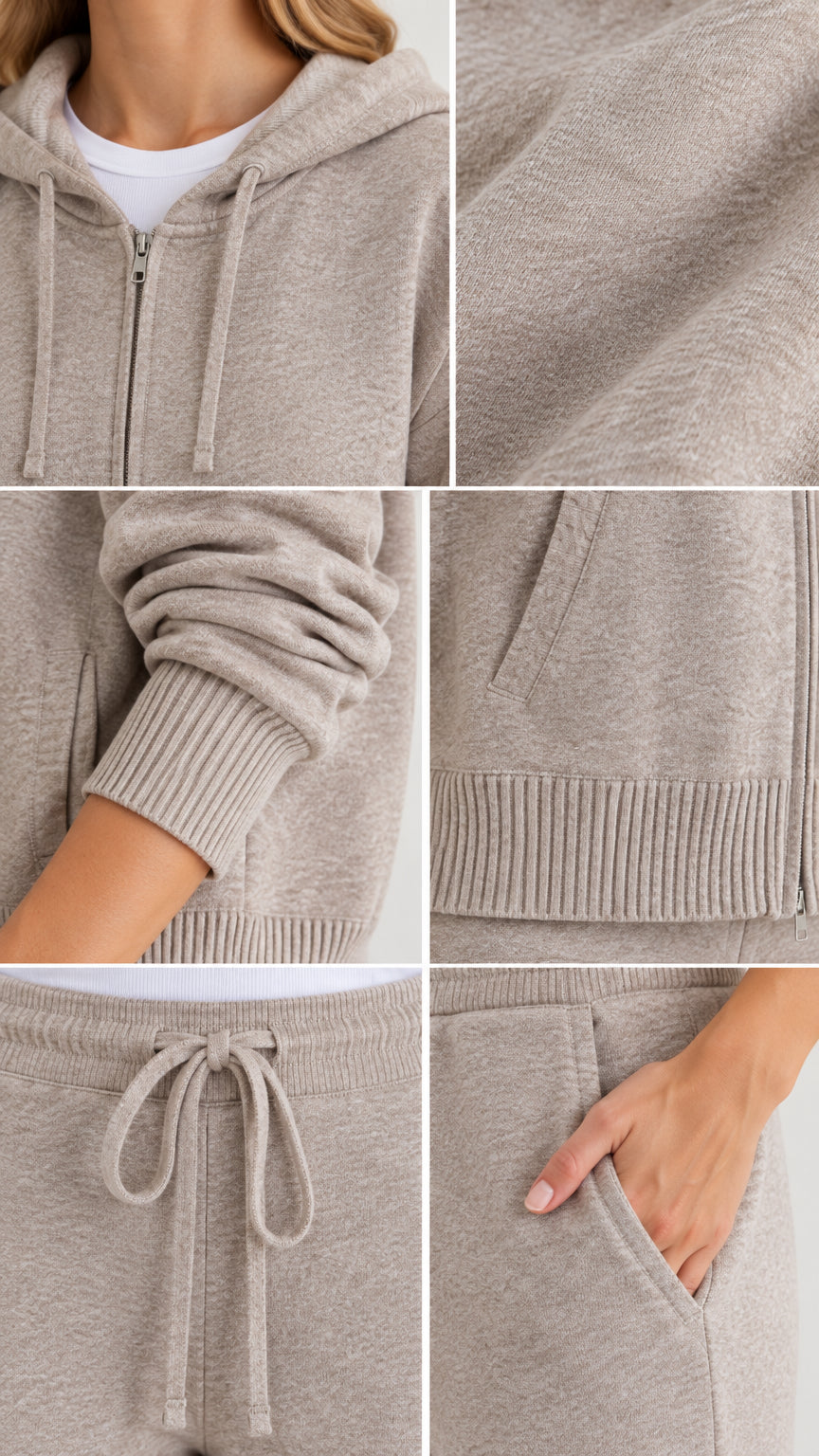Close-up details of ribbed cuffs, drawstring waistband, pockets, and knit texture in heather taupe