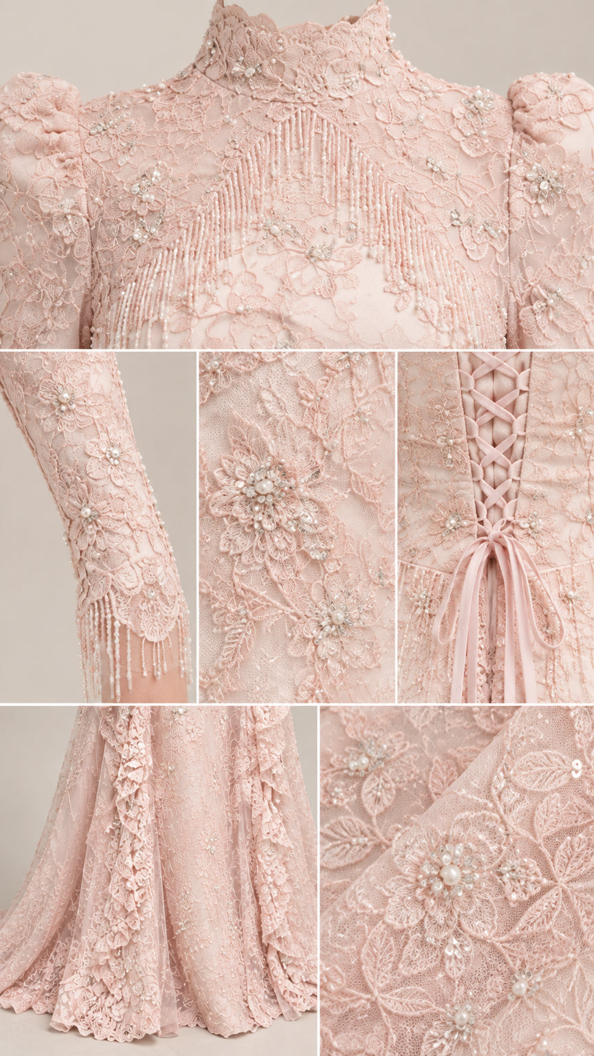 Close-up details of beaded embroidery, mock collar, and sleeve craftsmanship