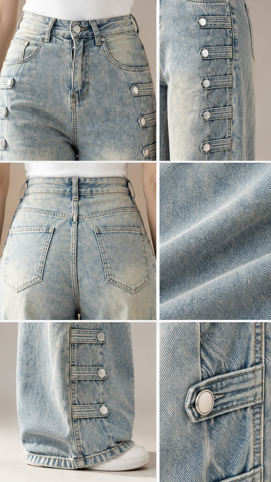 Close-up collage of denim fabric texture, pockets, and side button tabs