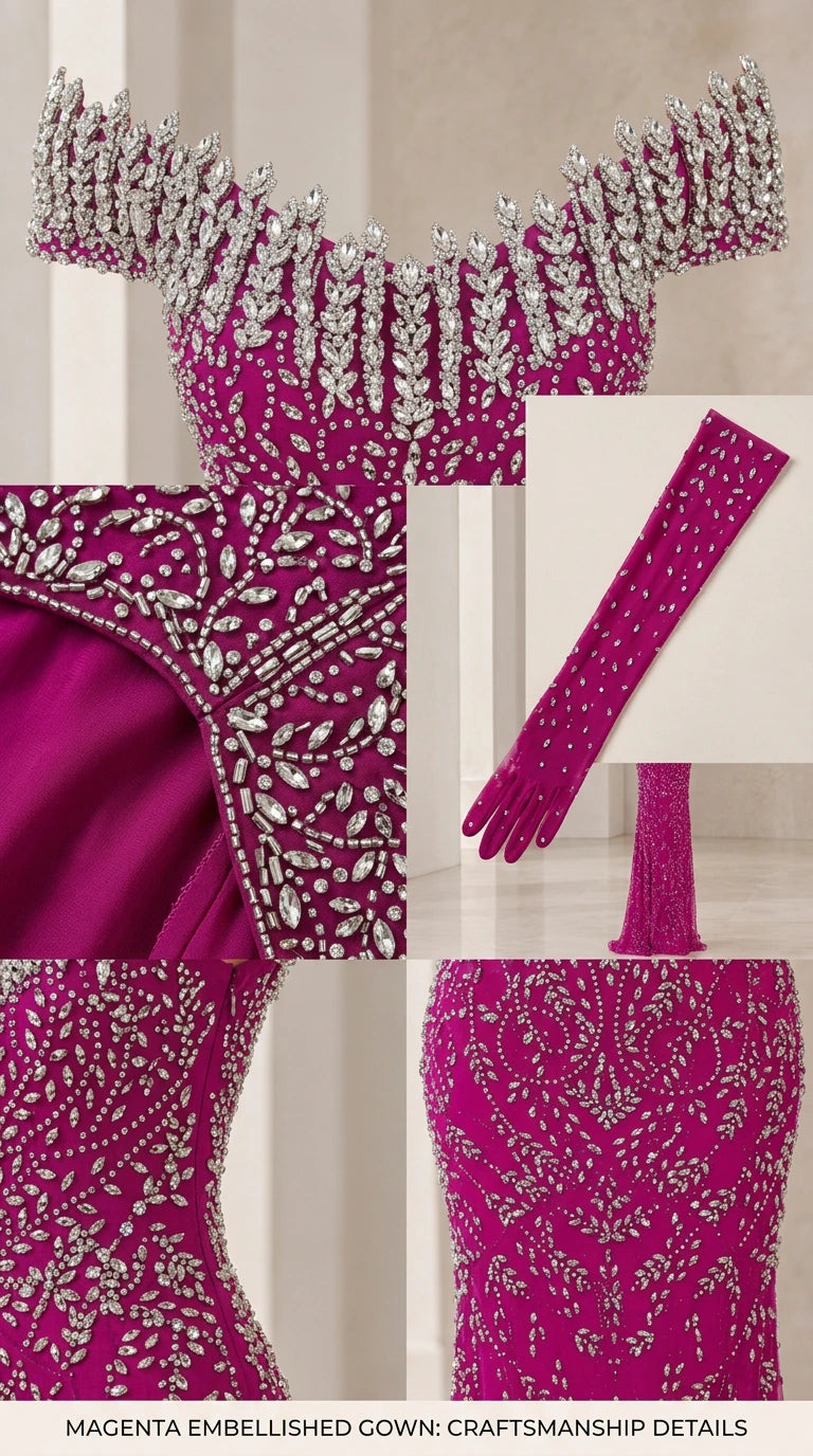 Detailed close-up of intricate beadwork, scalloped neckline, and embellished gloves in magenta