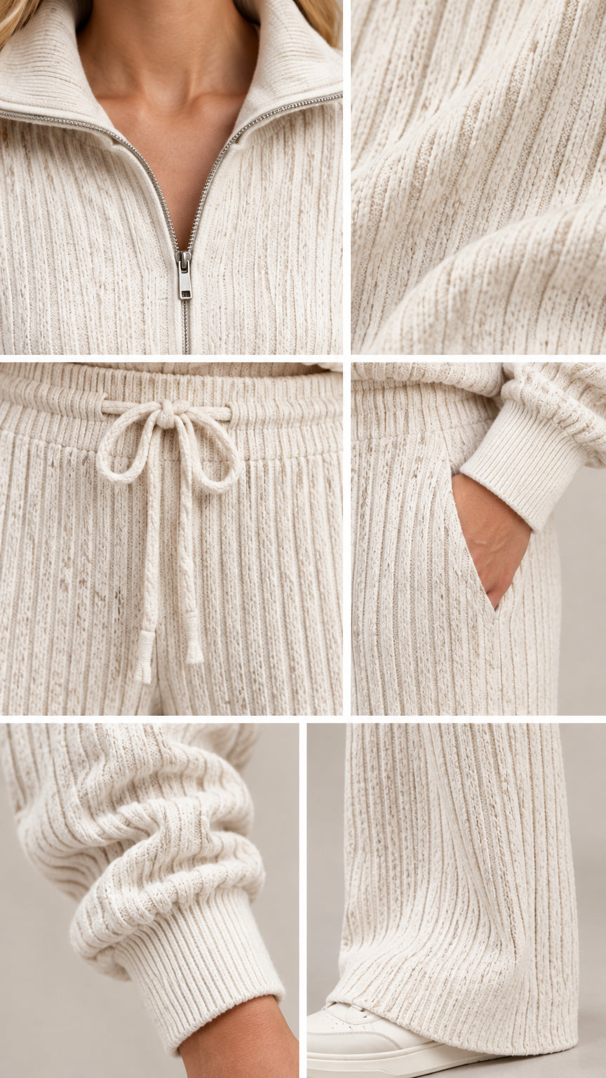 Close-up detail shots showing zipper collar, ribbed texture, drawstring waist, pocket, and knit cuffs