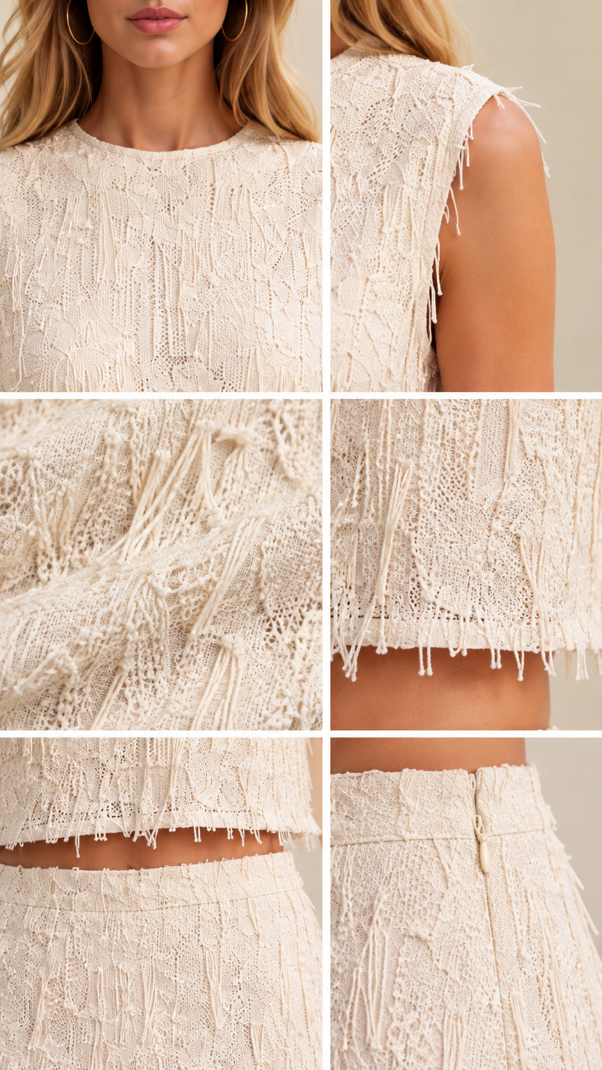 Close-up details of neckline, fringe texture, waistband, and zipper on ivory two-piece set