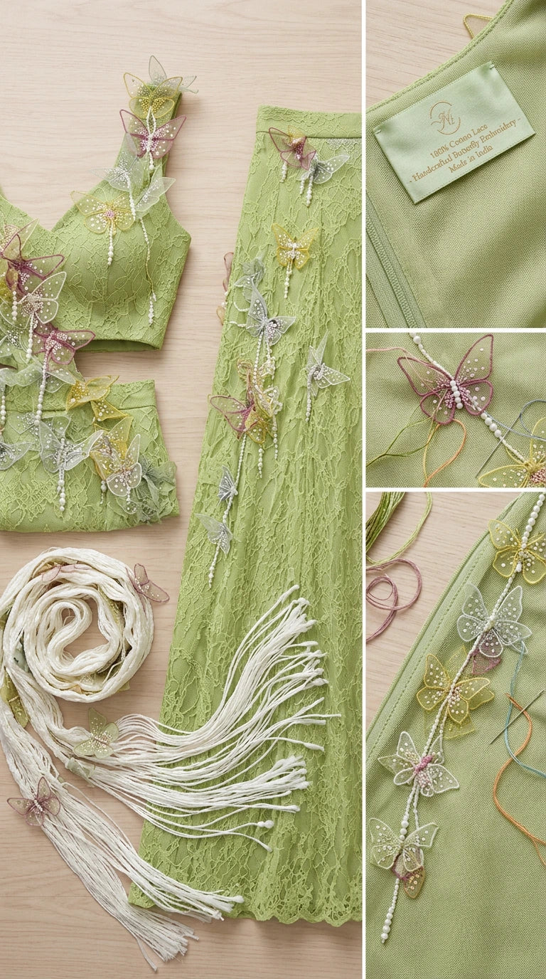 Close-up flat lay of lace fabric, beaded 3D butterfly details, and tasseled accessories