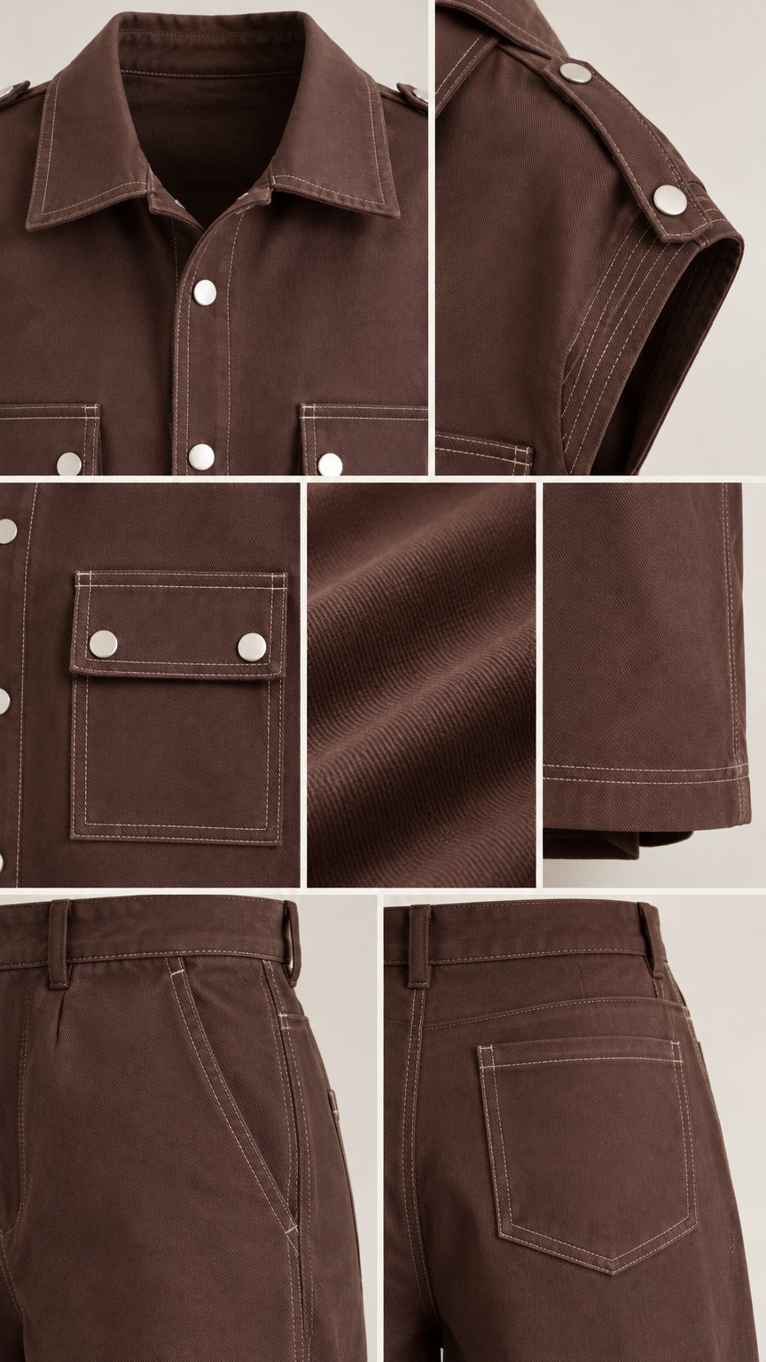 Close-up details of collar, shoulder tabs, pockets, fabric texture, and contrast stitching on chocolate brown set