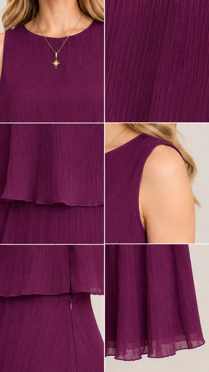 Close-up details of plum pleated texture, layered bodice, armhole, and hemline