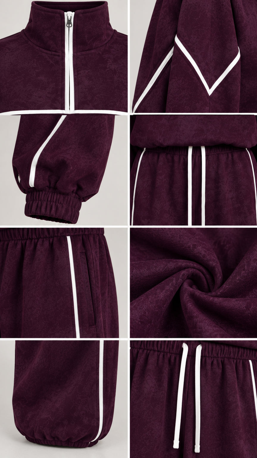 Detail close-up of zipper, contrast piping, drawstring waistband, and textured fabric