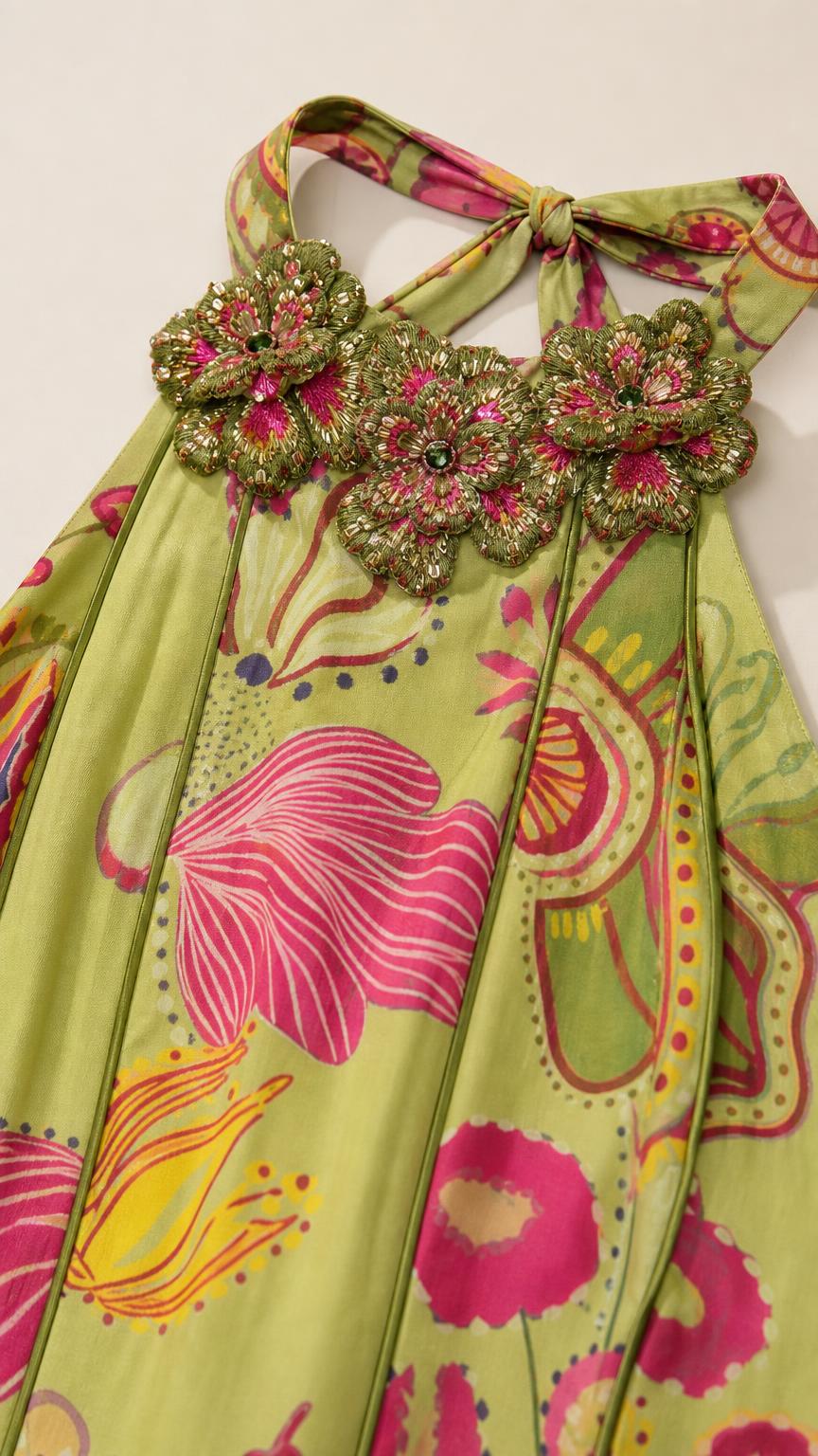 Close-up of 3D embroidered floral neckline and halter ties