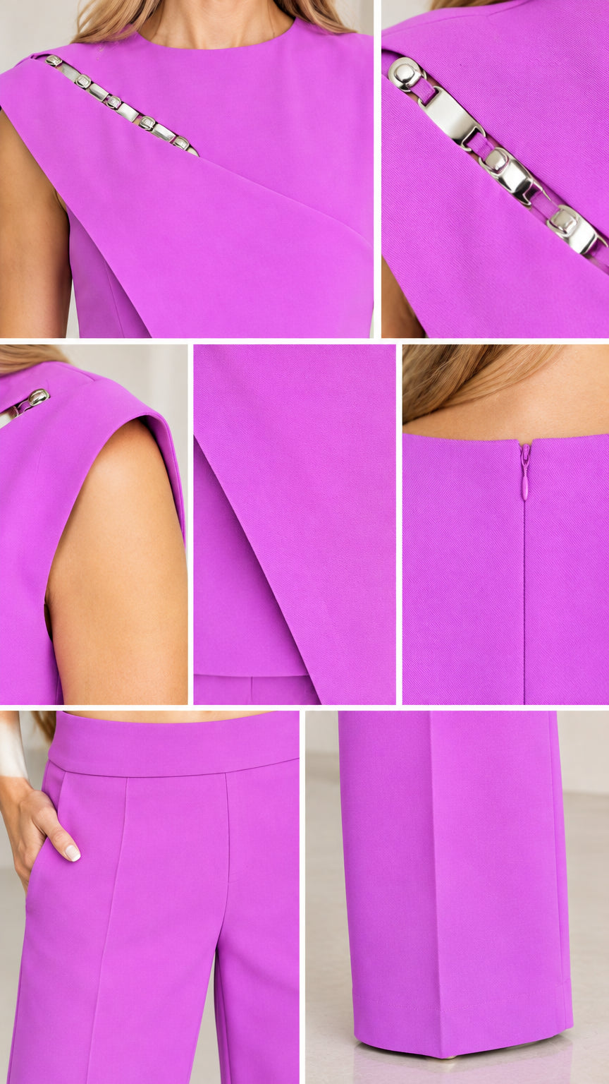 Close-up details of metallic chain accent, asymmetric neckline, concealed zipper, and pocket seams