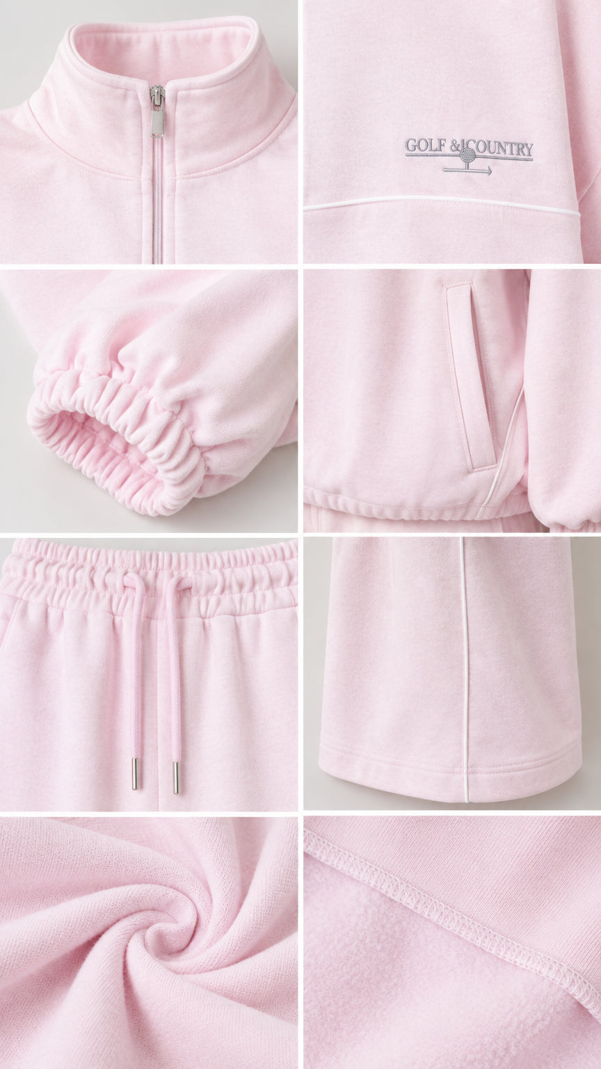 Close-up detail collage of fleece quarter-zip neckline, cuffs, drawstring waistband, and fabric texture