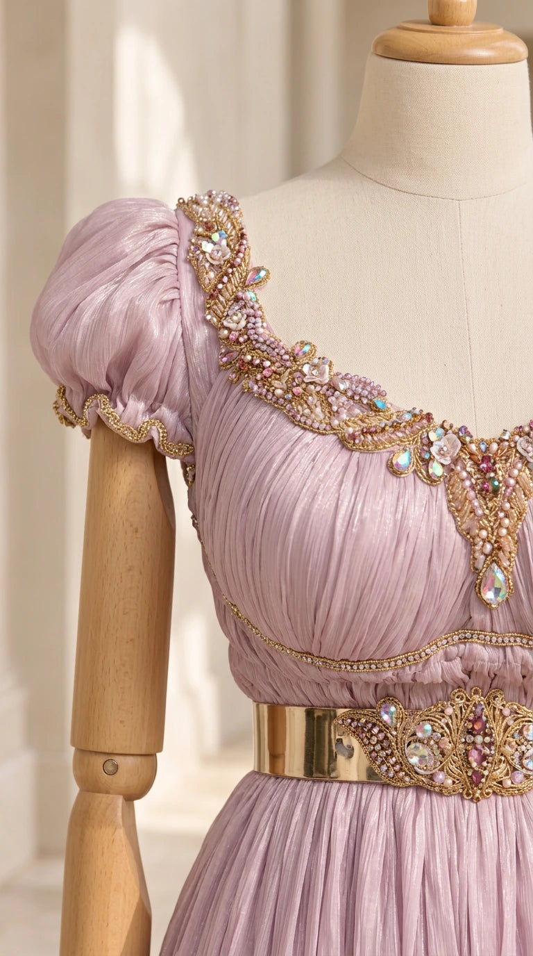 Close-up detail of ornate beaded trim neckline and metallic belt on mannequin