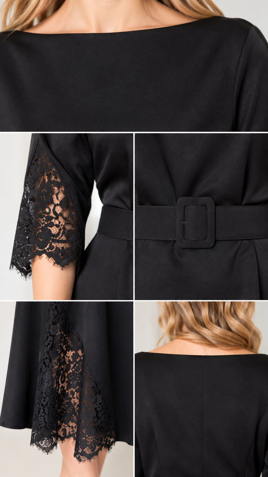 Detailed close-up collage of neckline, lace sleeve cuffs, belt buckle, and lace hem