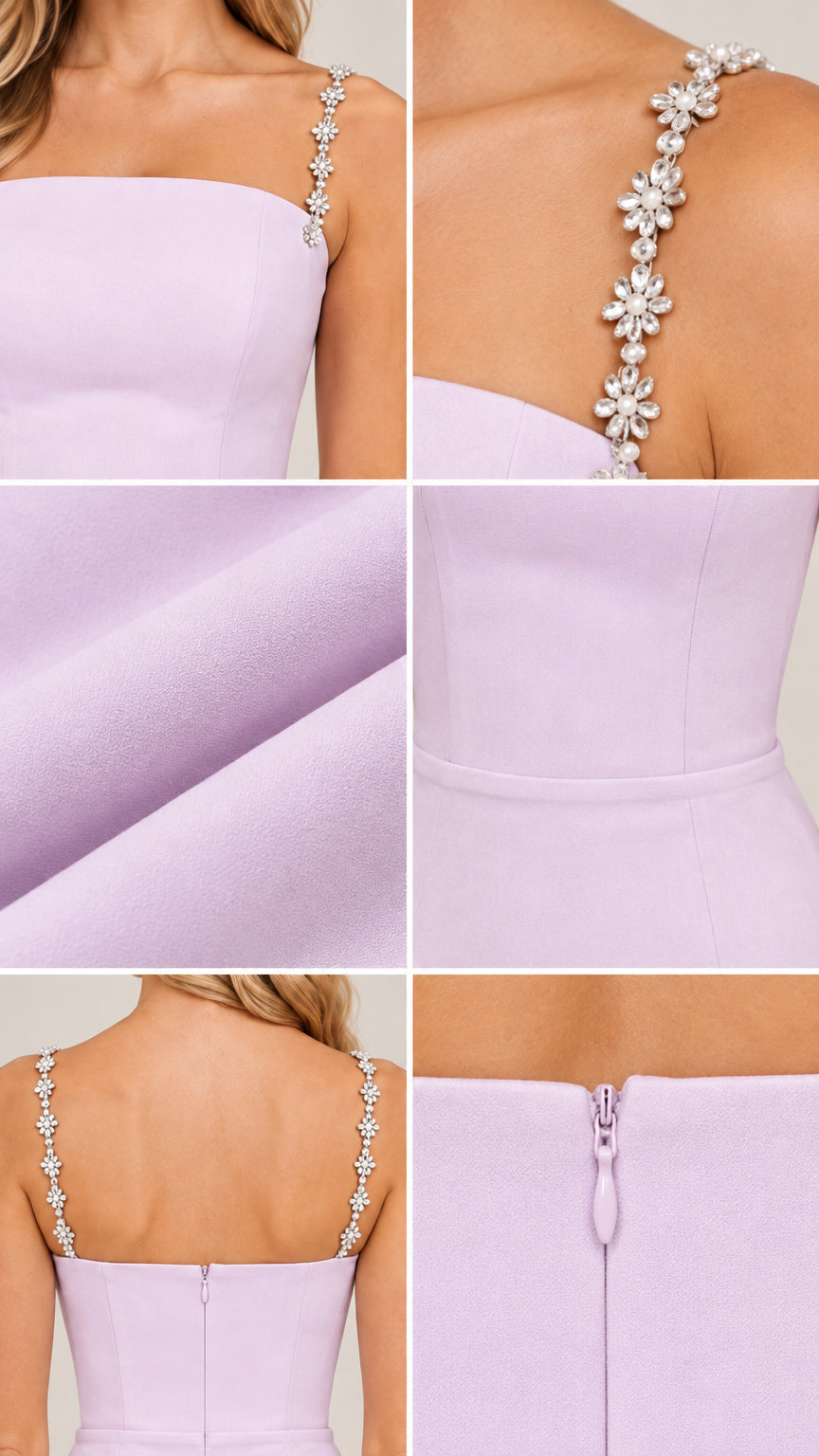 Close-up details of sparkling floral crystal strap and smooth fabric