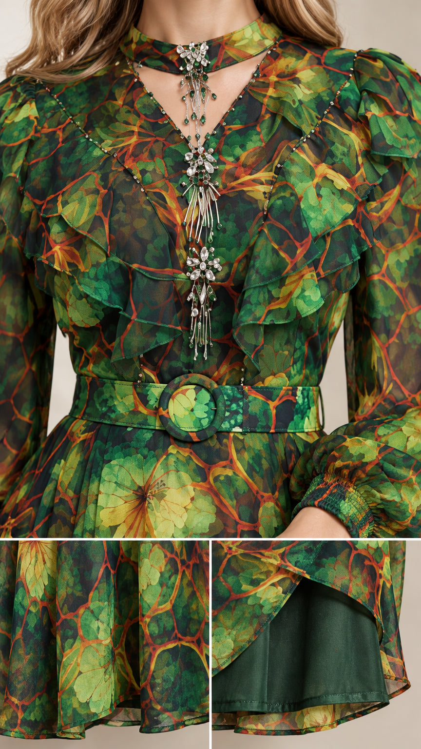 Close-up details of embellished neckline, ruffled collar, belt buckle, and hem lining