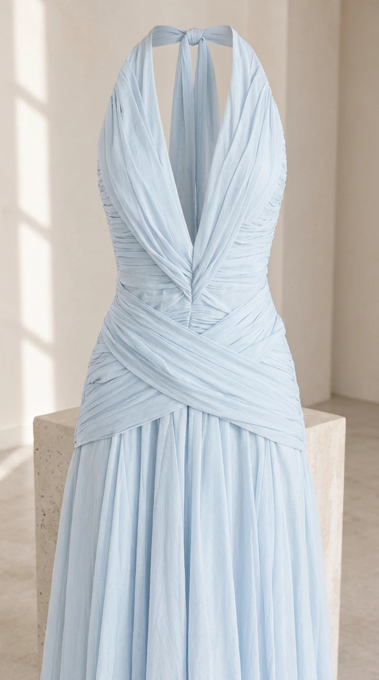 Close-up of sky blue pleated halter plunge bodice