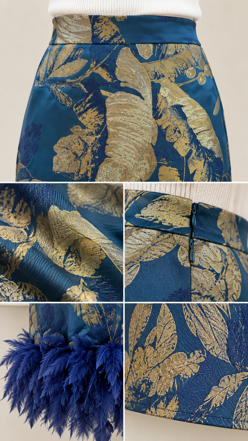 Close-up details of metallic jacquard pattern, hidden side zipper, and textured feather trim