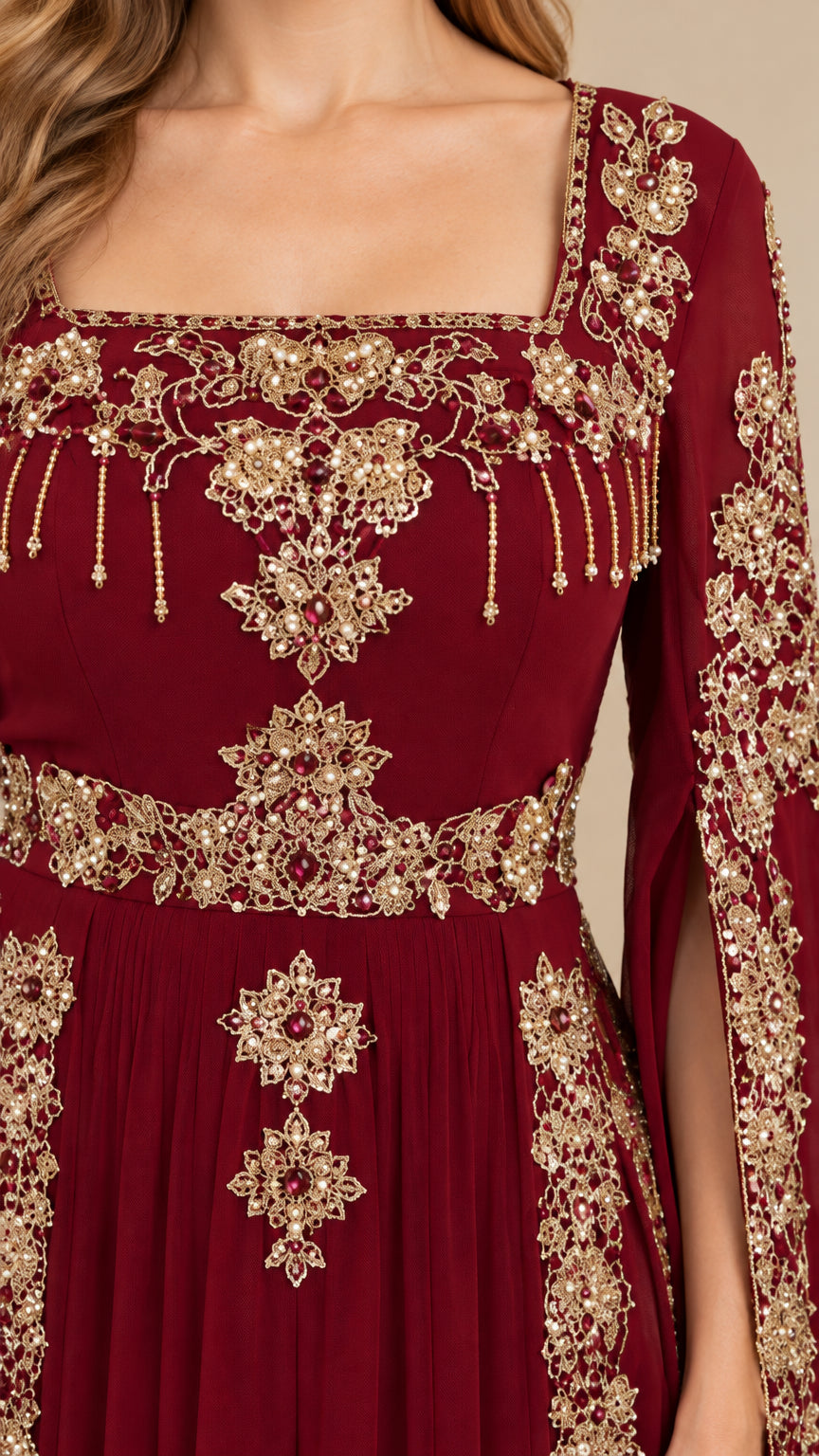 Close-up detail of ornate gold floral embroidery on burgundy bodice
