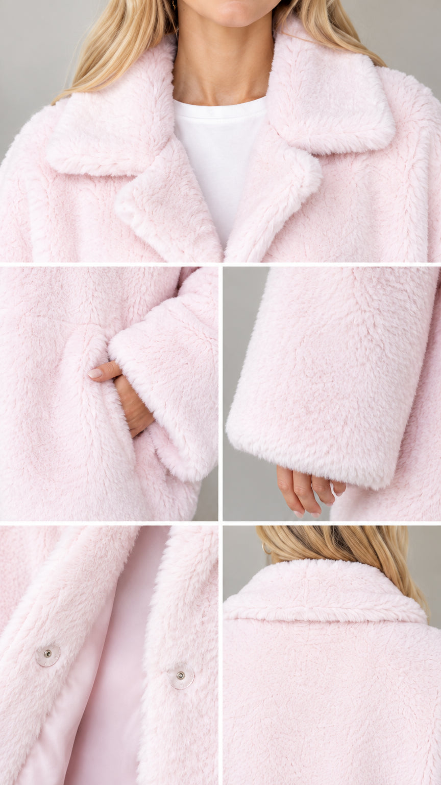 Close-up details of lapel, snap buttons, side pockets, and plush texture